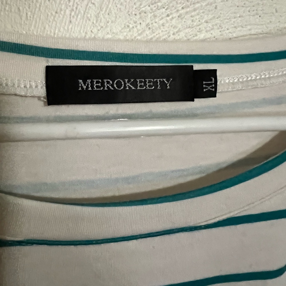MEROKEETY Classic Colorblock Modest Dress Tie Waist Stripes Teal White Wms Sz XL - Picture 3 of 4
